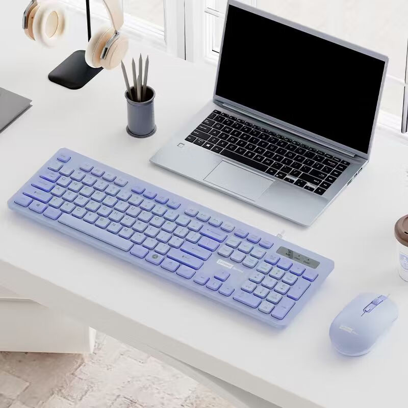 Lenovo TL21 Wired Keyboard and Mouse Set Chocolate Keycaps USB Business Office Keyboard for Laptop Desktop All-in-One Purple