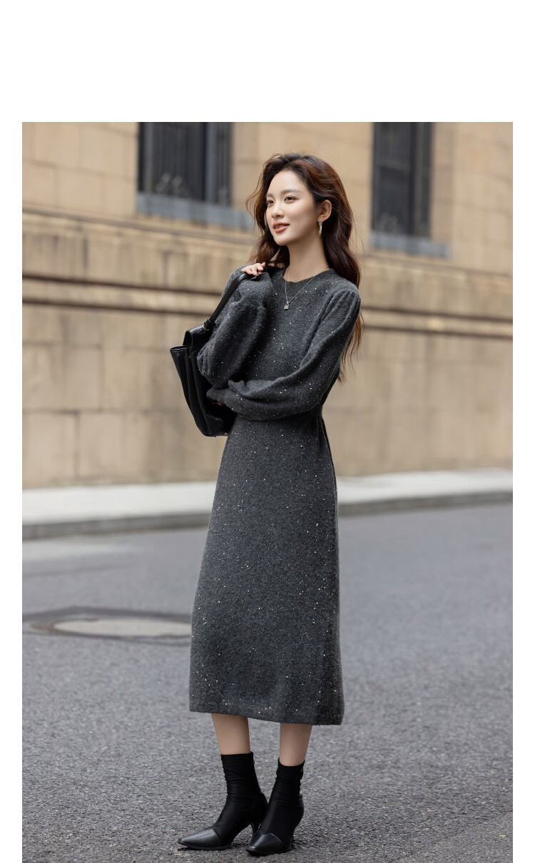 Demana "Brilliant Star" Winter Wool-Blend Heavy Sequin Round Neck A-Line Tie-Waist Elegant Women's Dress 2