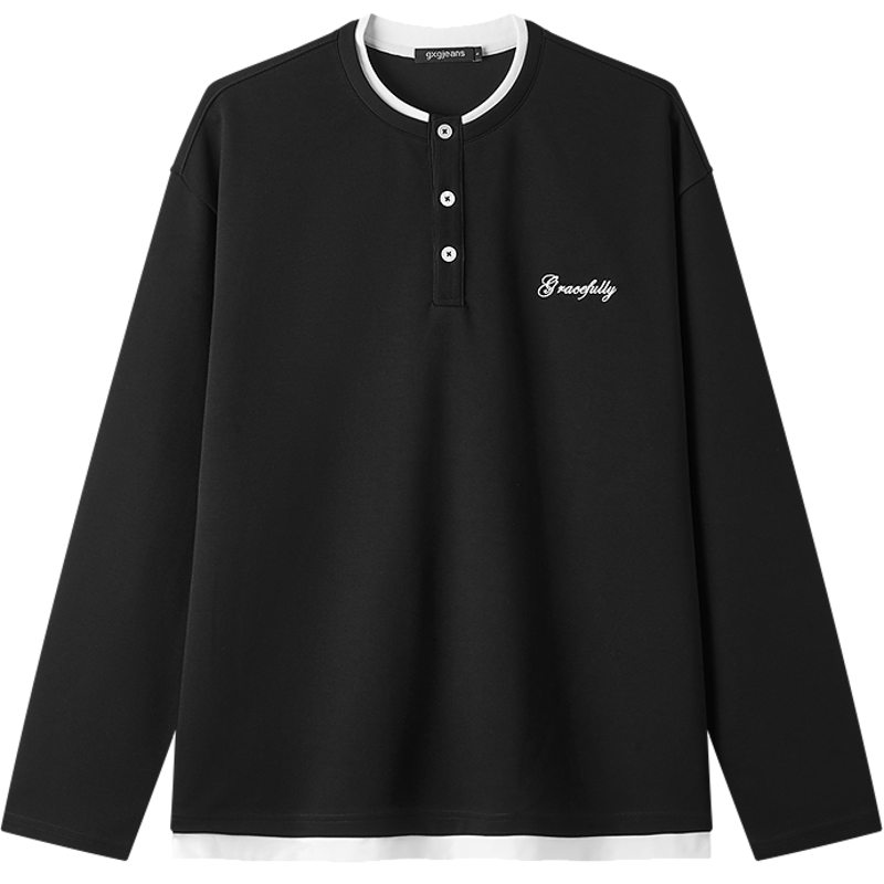 Gxgjeans Men's Black Loose Fit Half-Placket Sweatshirt with Letter Embroidery, Fall 2025 New, Size 175/L
