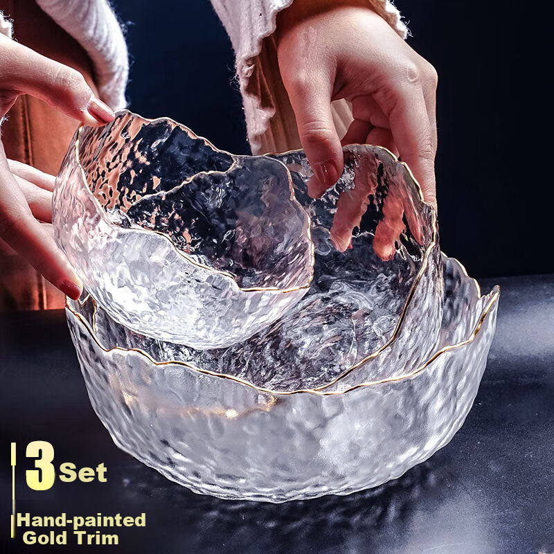 Canjiangjun [Dishwasher Safe] 3-Piece Salad Bowl Set with Gold Rim Glass Bowls, Glass Fruit Plates, Dessert Bowls And Salad Bowls