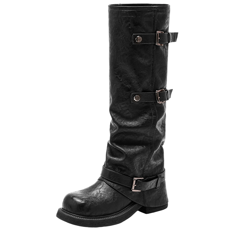 St&Sat Women's Fleece-Lined Tall Boots 2025 Winter New Fashion Belt Buckle Versatile Knight Boots Western Cowboy Mid-Calf Boots