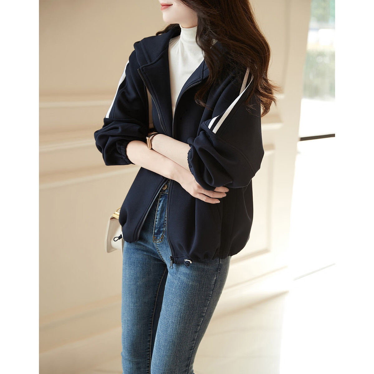 Demana Colorblock Webbing Winter Hooded Loose Fit Long Sleeve Slightly Stretchy Casual Adjustable Hem Short Jacket for Women