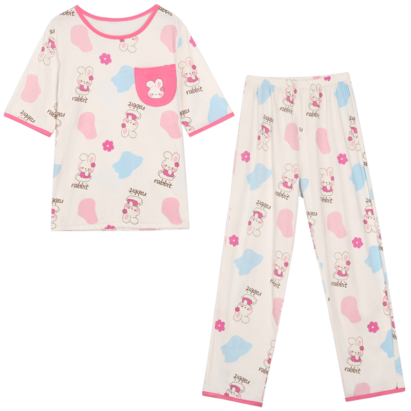 Hodohome Children's Pajamas, Girls' Pure Cotton 7A Antibacterial Short-Sleeve Long Pants Loungewear, Cartoon Air Conditioning Suit for Girls, 202 120