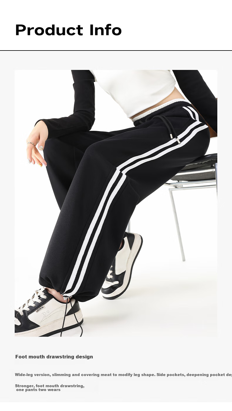 MJ STYLE Striped Wide-Leg Pants for Women, Autumn 2026 Collection, Patchwork Waistband, Casual American-Style Student Two-Way Straight-Leg Sports Sweatpants 3
