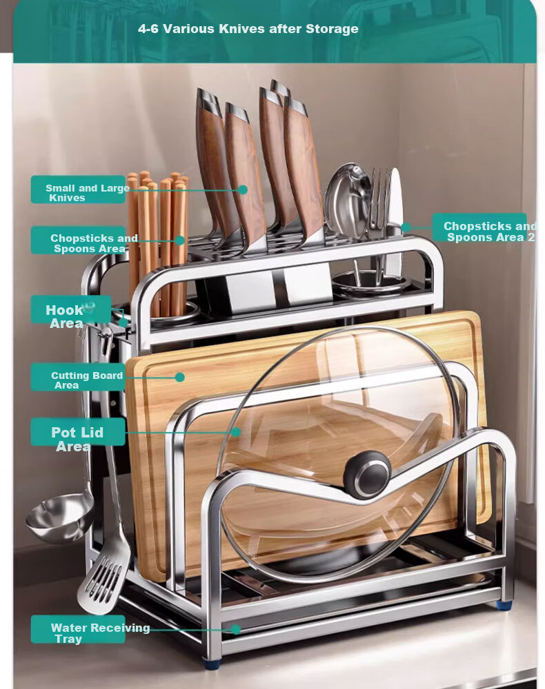 Jingyan 304 Stainless Steel Knife Holder Storage Rack, Kitchen Knife And Cutting Board Organizer, Multifunctional Utensil Chopping Board Storage Shelf, Pot Lid Rack 6