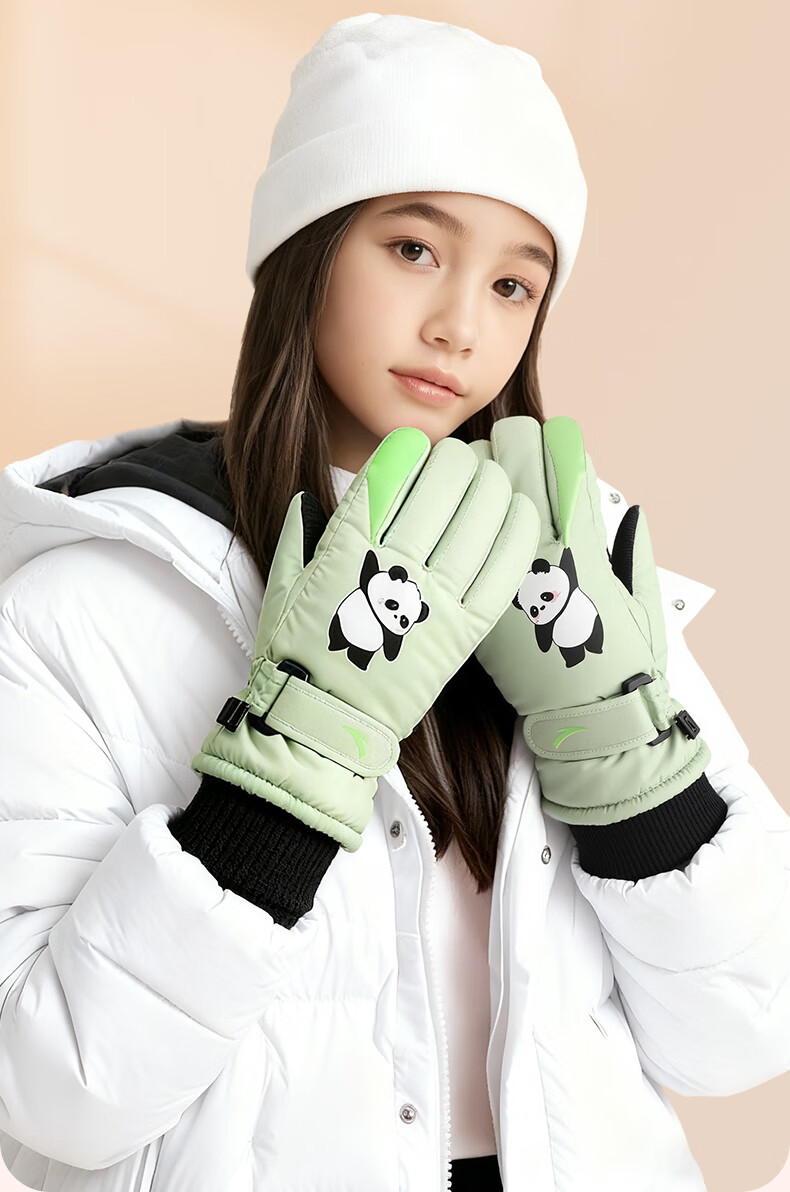 ANTA Kids Winter Thermal Gloves Cold-Resistant Ski Gloves for Boys and Girls, Fleece-Lined Thickened Outdoor Anti-Freeze Five-Finger Gloves, Green M 2