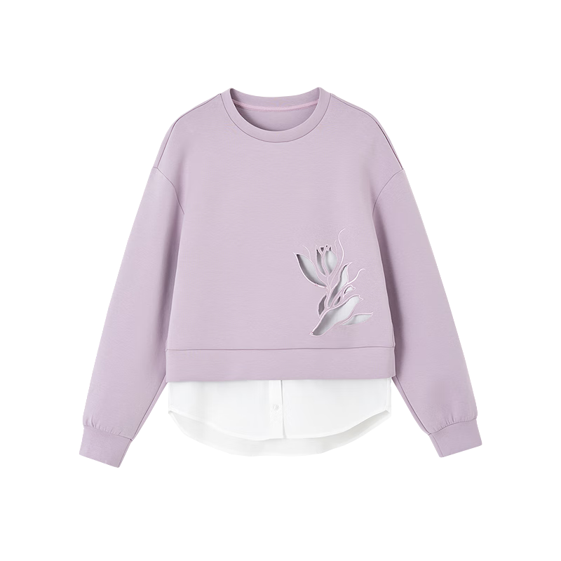 Demana Fresh Cloud Oxygen Cotton Spring Autumn Design Hollow Out Fake Two-Piece Loose Stretchy Slimming Sweatshirt for Women