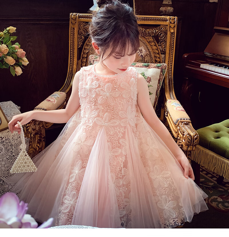 MIMIHELLO Girls Summer Dress 2025 New Fashionable Children's Mesh Princess Vest Dress for Little Girls 1