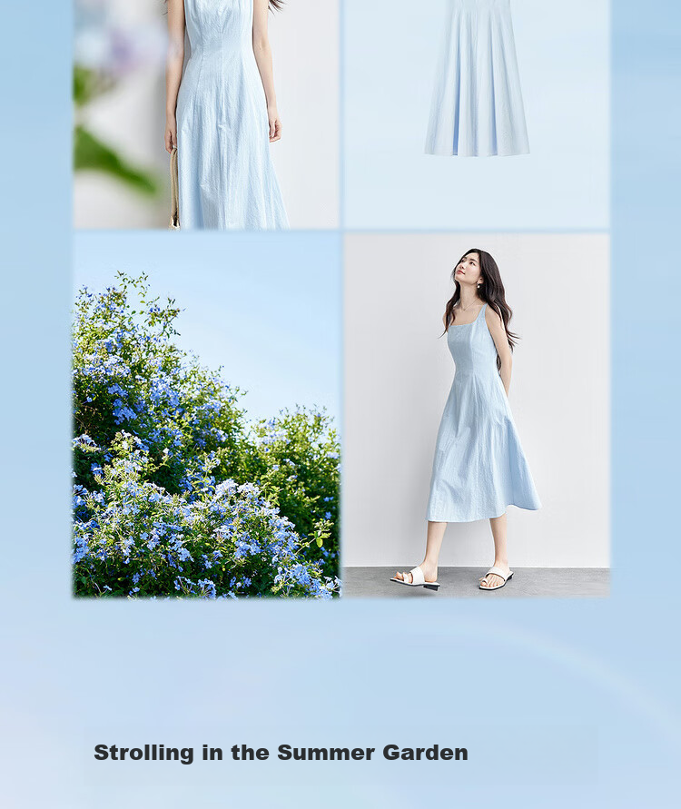 Shangdu Bila 100% Cotton A-Line Dress Women Summer Slim Waist Spaghetti Strap Square Neck Casual Mid-Length Dress 3