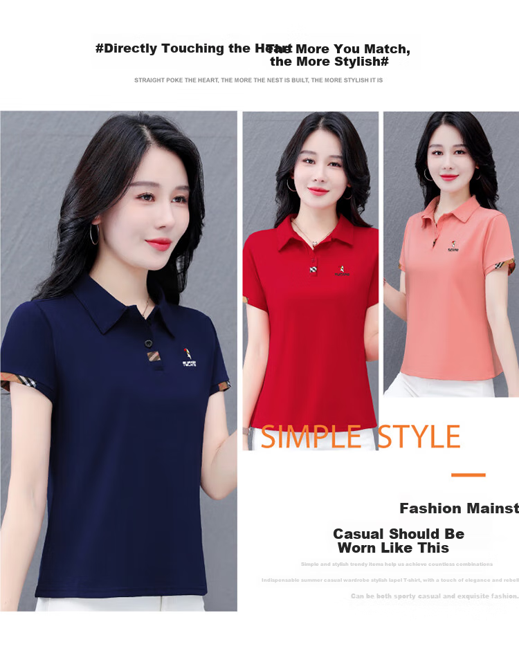 TUCANO Lapel Short-Sleeve T-Shirt for Women, New Summer POLO Shirt, Pure Cotton Regular Shoulder Slimming Athletic Casual Top, Navy Blue, M 2