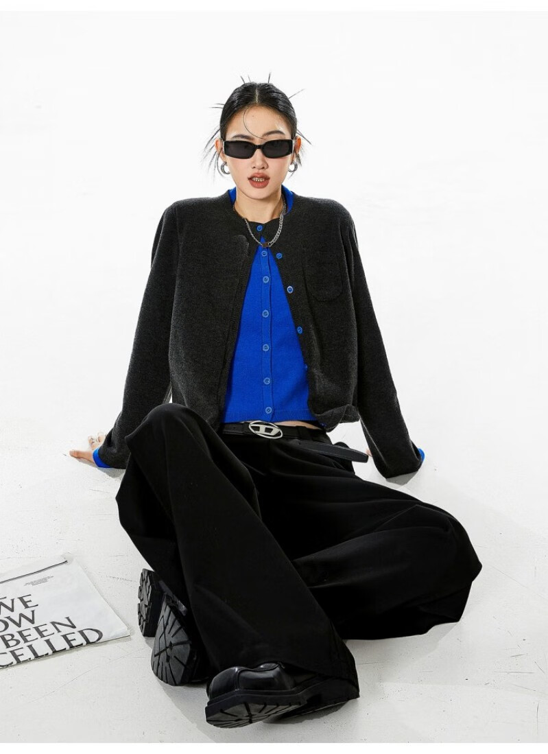 ICH MODE American Vintage Two-in-One Knit Cardigan Women Autumn Winter Sweater Jacket Base Shirt Long Sleeve Top Dark Gray XL 19