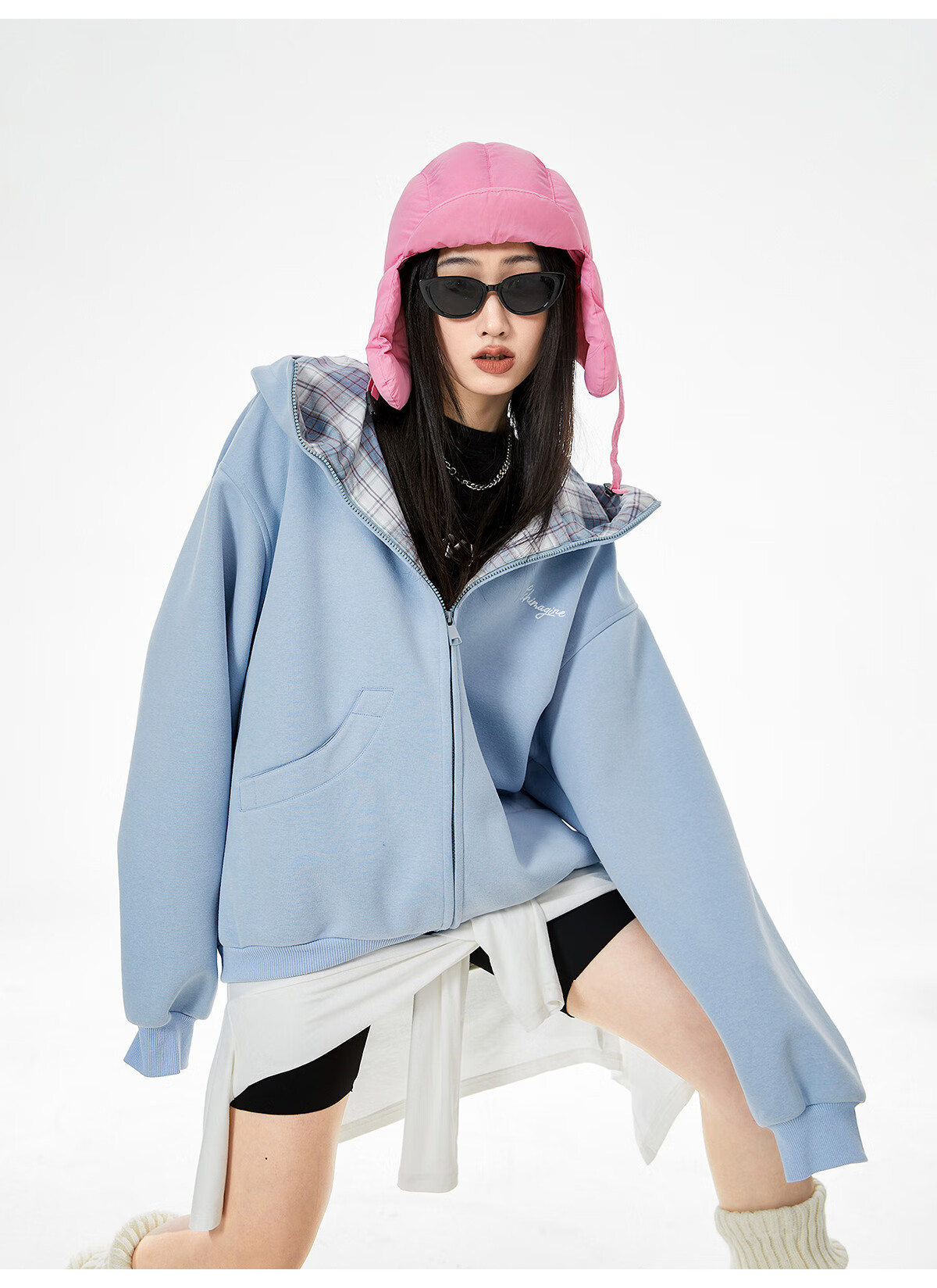 ICH MODE Celebrity Style American Plaid Patchwork Cardigan Sweatshirt Autumn Jacket Sports Cardigan Top Women Heather Gray XL 33