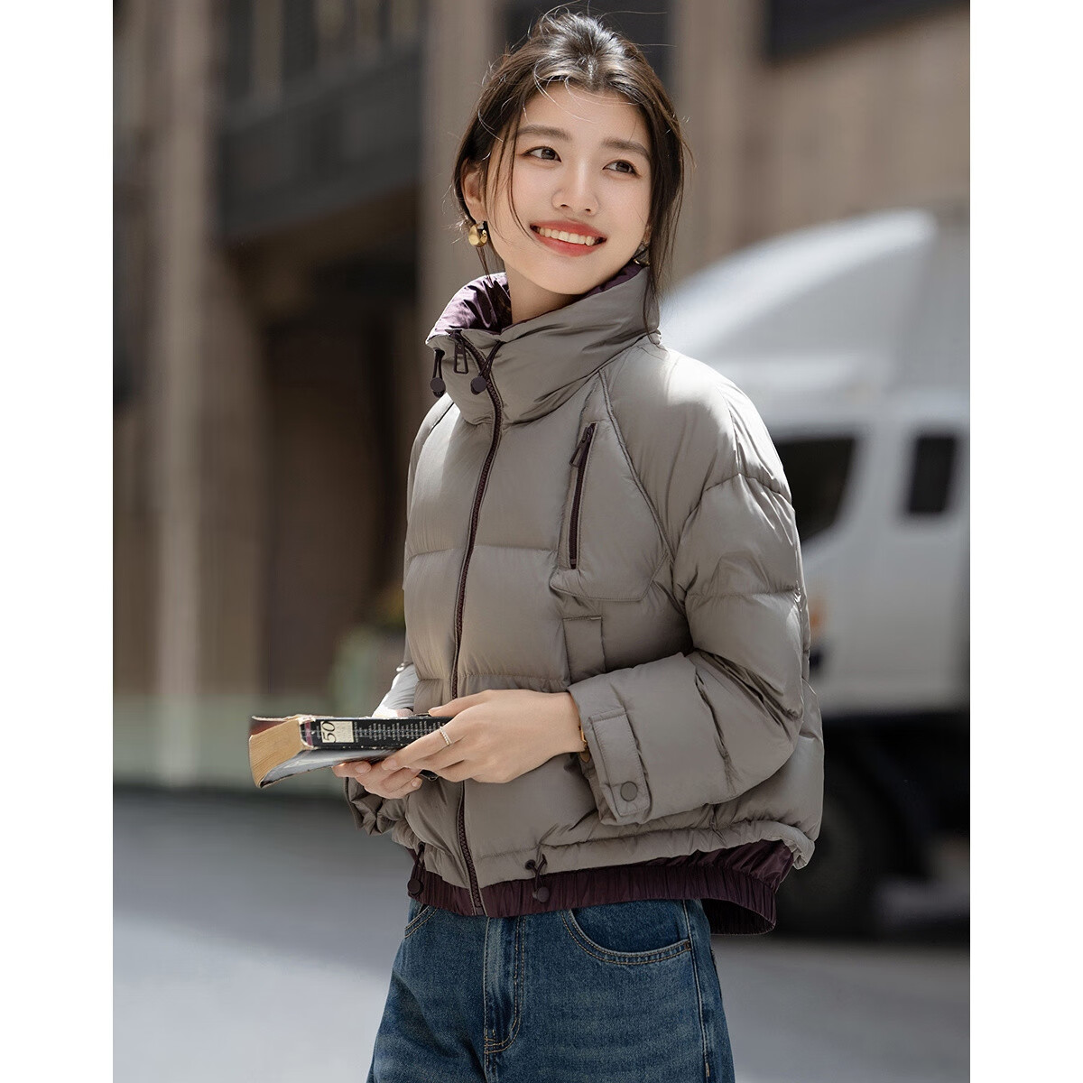 Dme [90% Duck Down] Winter Drawstring Contrasting Color Stand Collar Four-Layer Craftsmanship Checkered Lining Loose Women's Puffer down Jacket