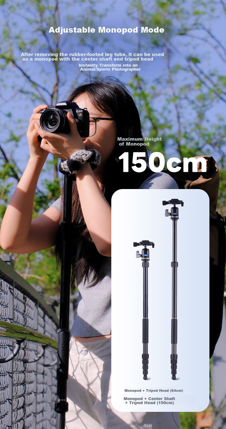 Benro XA229CH0S Xiaoyi Small Carbon Fiber Reverse Folding Compact Travel Photography Mirrorless DSLR Tripod, Adjustable Monopod, Ball Head Tripod 7