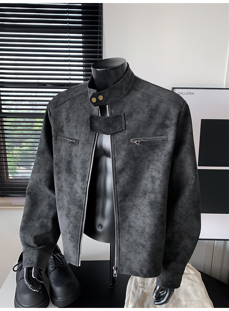 IZEXX Men's American Style Tie-Dye Jacket Autumn Winter Stand Collar Trendy Shoulder Motorcycle Leather Jacket ZGJ58 Black XL 8