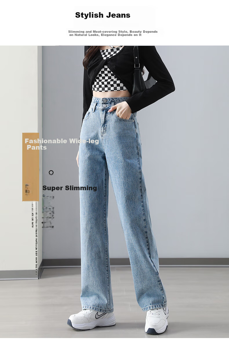 Baleno Slim Wide-Leg Jeans for Women, 2026 New Spring Casual Long Pants, High-End Petite Straight-Leg Trousers for Wome 2