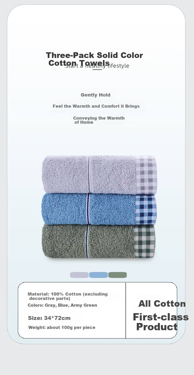 Yaguang Towels, Pure Cotton Combed Long-Staple Cotton, Grade A Soft And Skin-Friendly, Absorbent Face Towels, 3-Pack, Peak Blue/gray/military Gree 3