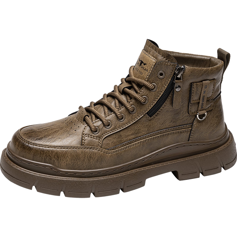 Bull Family Martin Boots Men Autumn Winter New Retro British Style Side Zipper Work Shoes High Top Outdoor Combat Boots