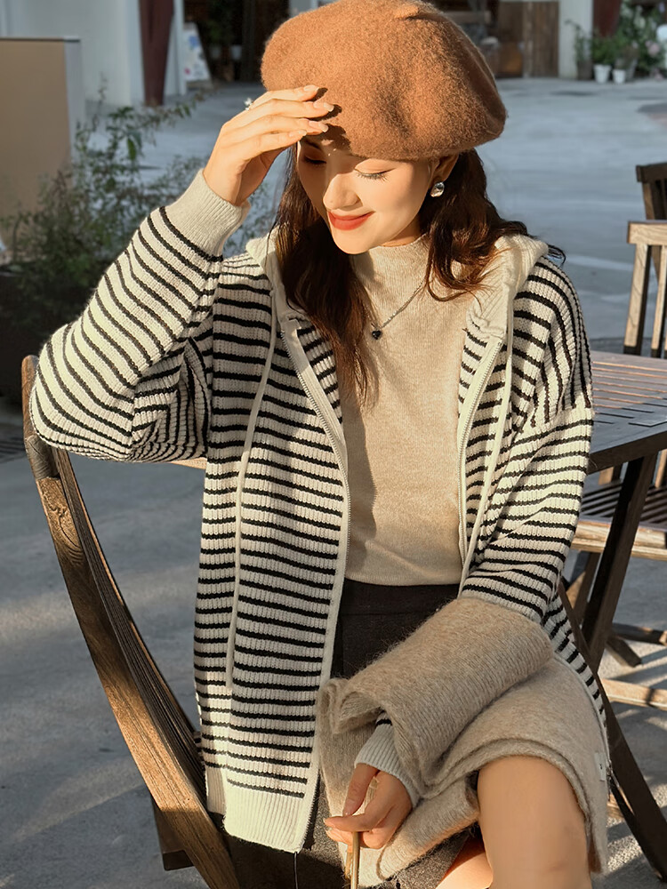 Yishangmei Women's Knitted Cardigan Sweater Autumn Winter 2025 New Plush Thickened Striped Hooded Loose Jacket 2
