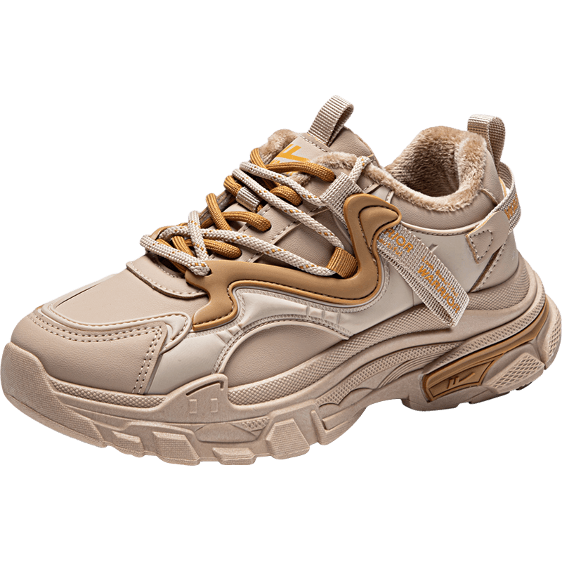 Warrior Official Women's Dad Sneakers 2026 Summer New Plush Warm Versatile Cotton Shoes Women Khaki/Yellow Size 35