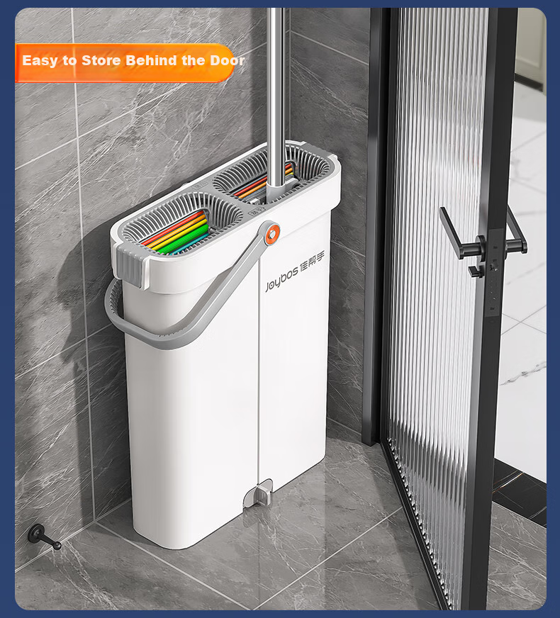 Jiabangshou Flat Mop with Scraper, 33cm Handle, 124cm Total Length, 2 Pieces with Mop Head And Bucket, All-In No-Hand Washing Tool 5