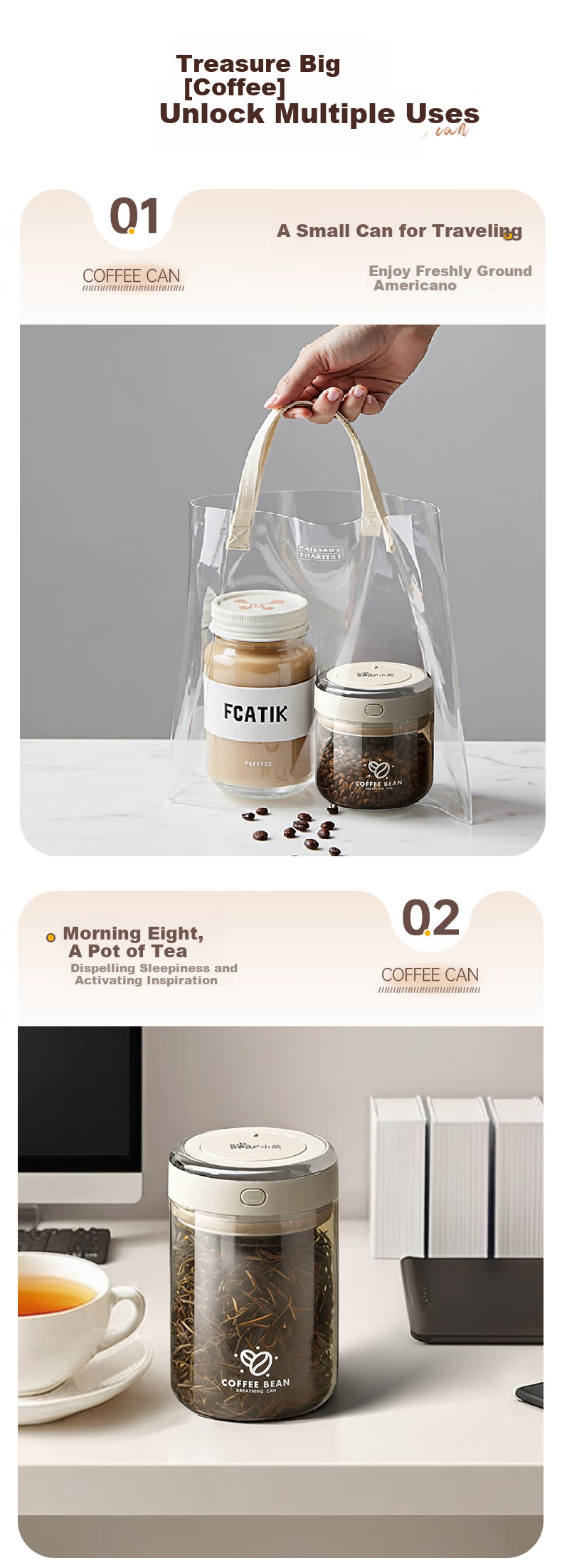 Bear Food-Grade Coffee Bean Airtight Jar Portable Coffee Powder Storage Container 1100ml CX-JW031-P02 10