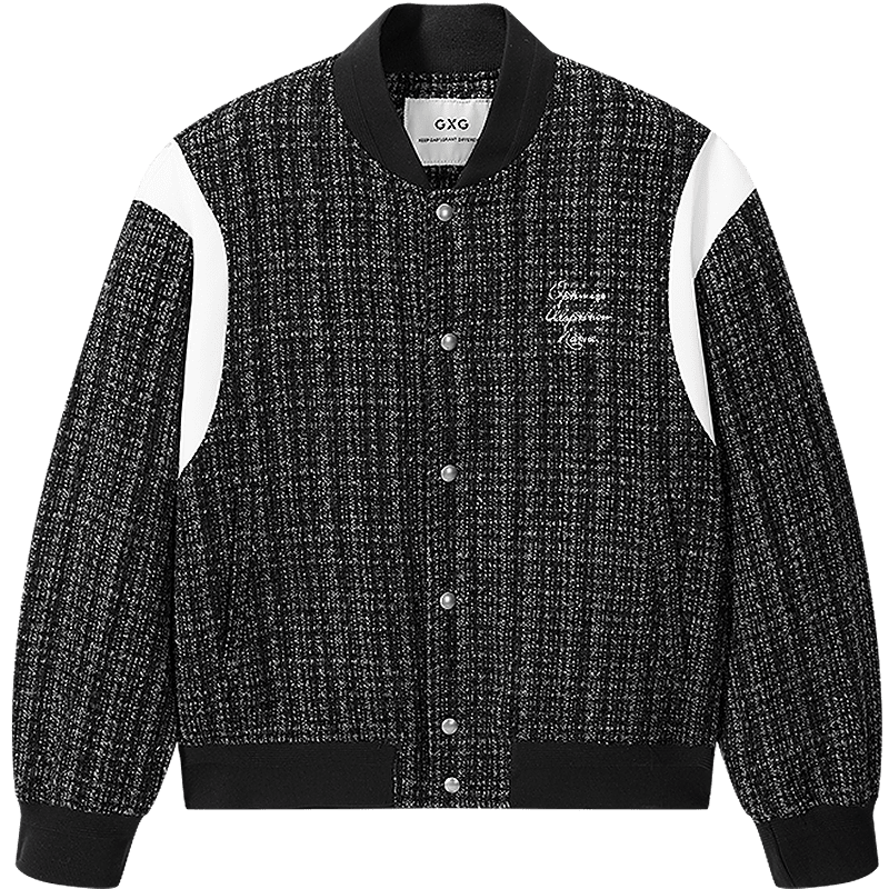 GXG Men's Casual Jacket Black Tweed Baseball Collar Color-Block Shoulder Splicing 165/S