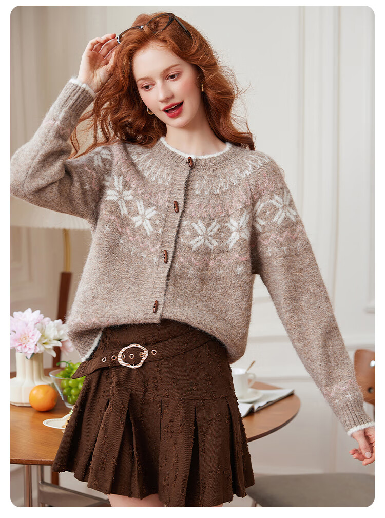 Bailuyu Vintage Colorblock Snowflake Wool Blend Cardigan Sweater Women Oatmeal S 2025 Autumn Winter New 10