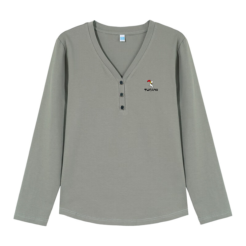 Woodpecker V-Neck Raglan Long Sleeve T-Shirt Women Autumn New Pure Cotton Fashion Casual Plus Size Base Shirt Top Gray Green 2XL