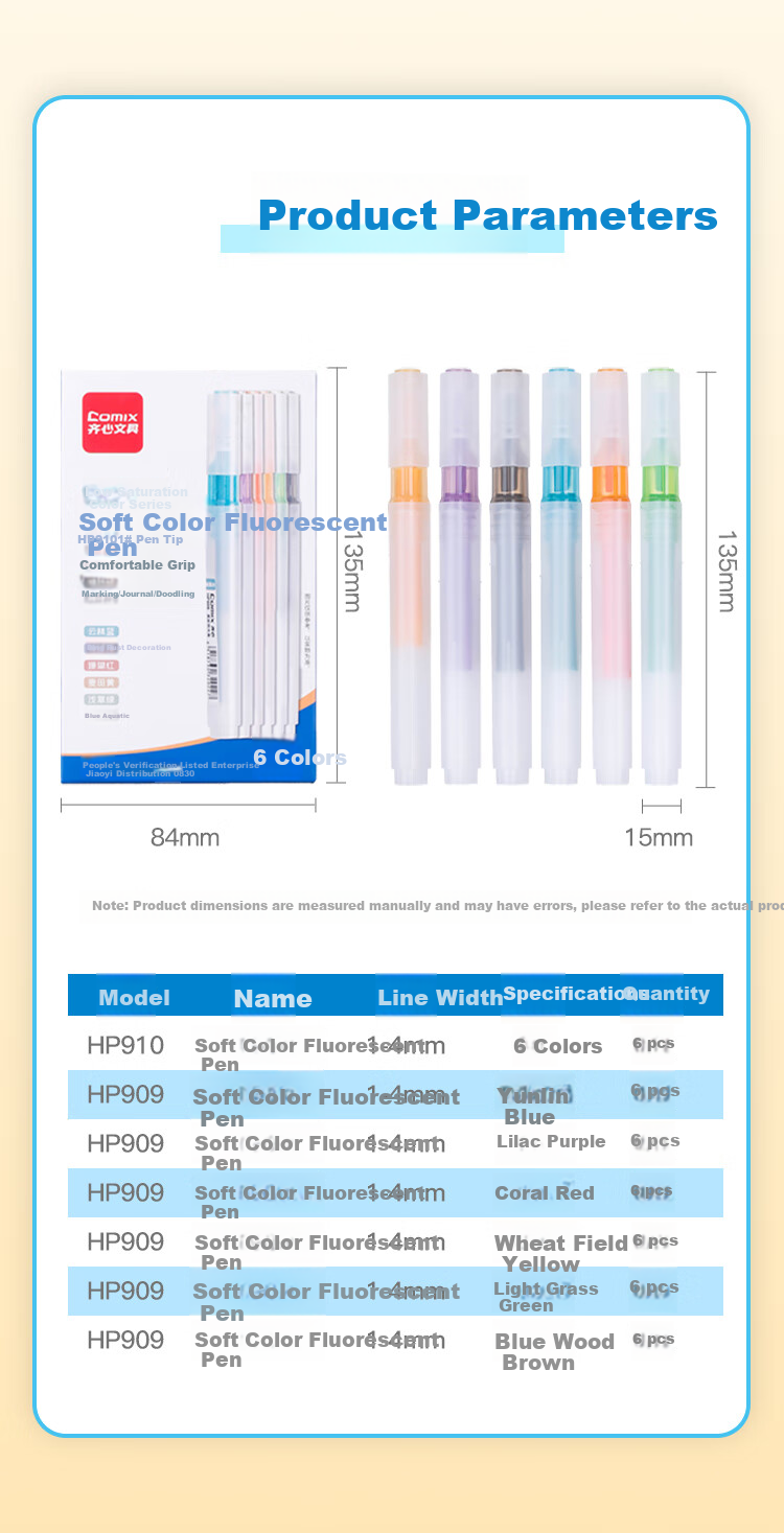 COMIX 6-Color Highlighters, Student Review Key Points Marking Pens, Journal Water-Based Markers, 6 Pens/Box HP910 Back-To Stationery 8