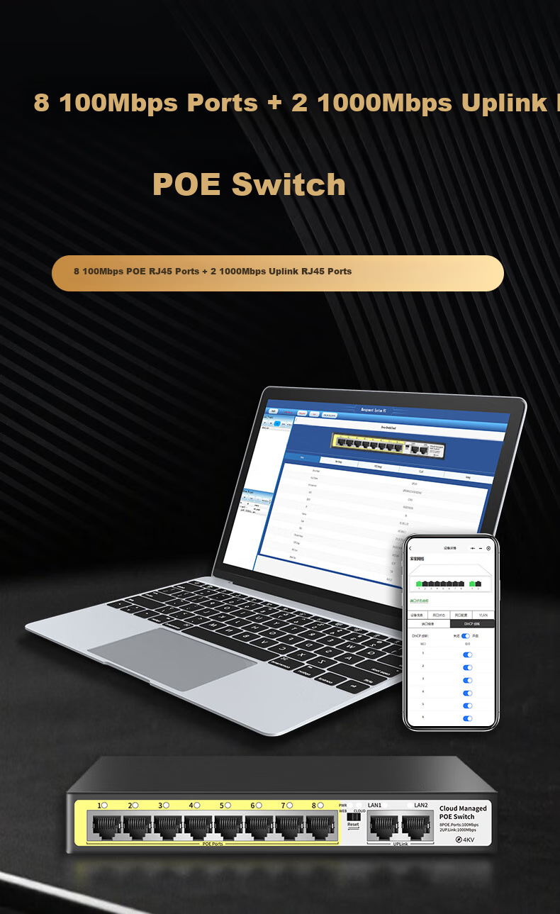 Huoyi 10-Port Gigabit POE Switch, 8 Gigabit PoE + 2 Gigabit, Managed Switch, Surveillance Network Cable Splitter, Enterprise-Level Switch, Splitter 2