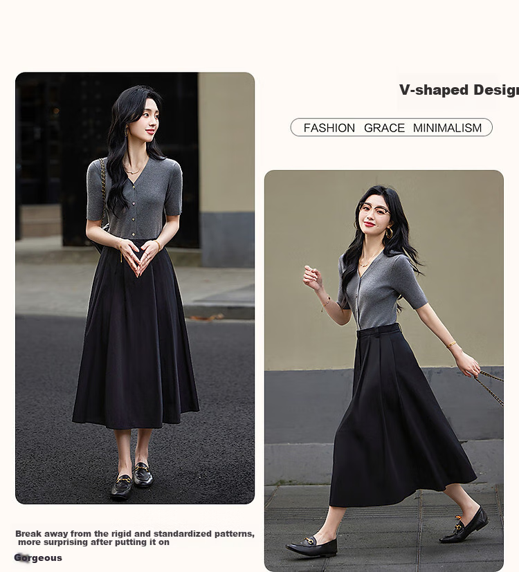 Dme [Containing Wool] Spring Elegant Faux Two-Piece Spliced V-Neck Short-Sleeve A-Line Bodycon Elegant Women's Dress 3