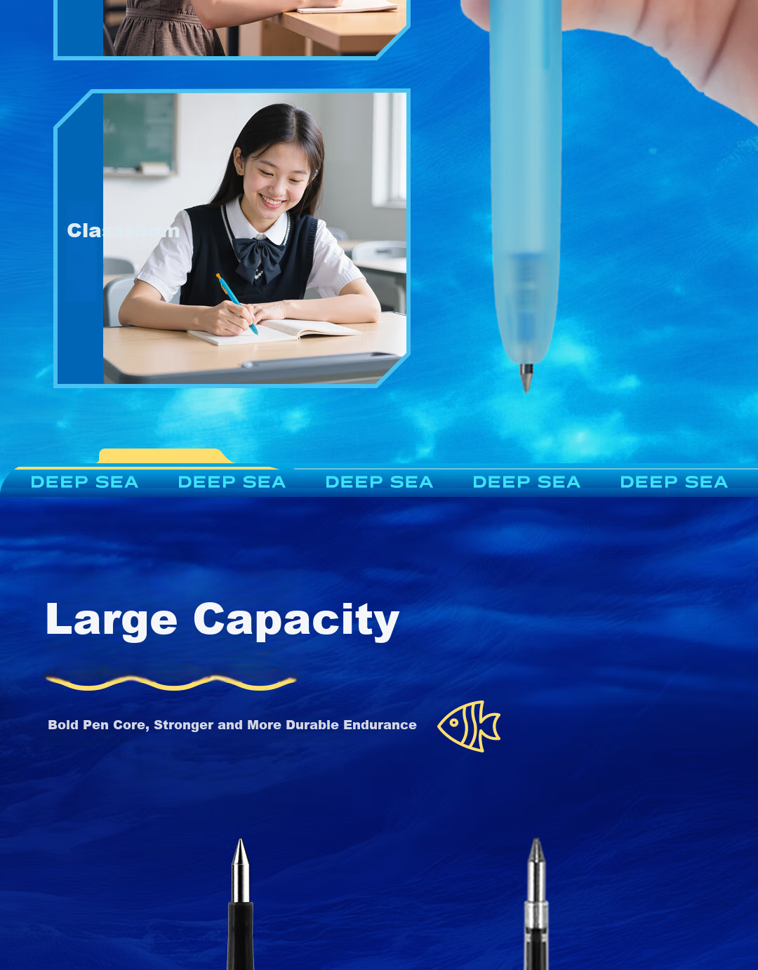 Dianshi Pen, Deep Sea Submarine Thermal Erasable 0.5 Retractable Gel Pen, Quick-Drying Silent Large Capacity for Third Grade Students Back-To Season [Crystal Blue] 3214E 13