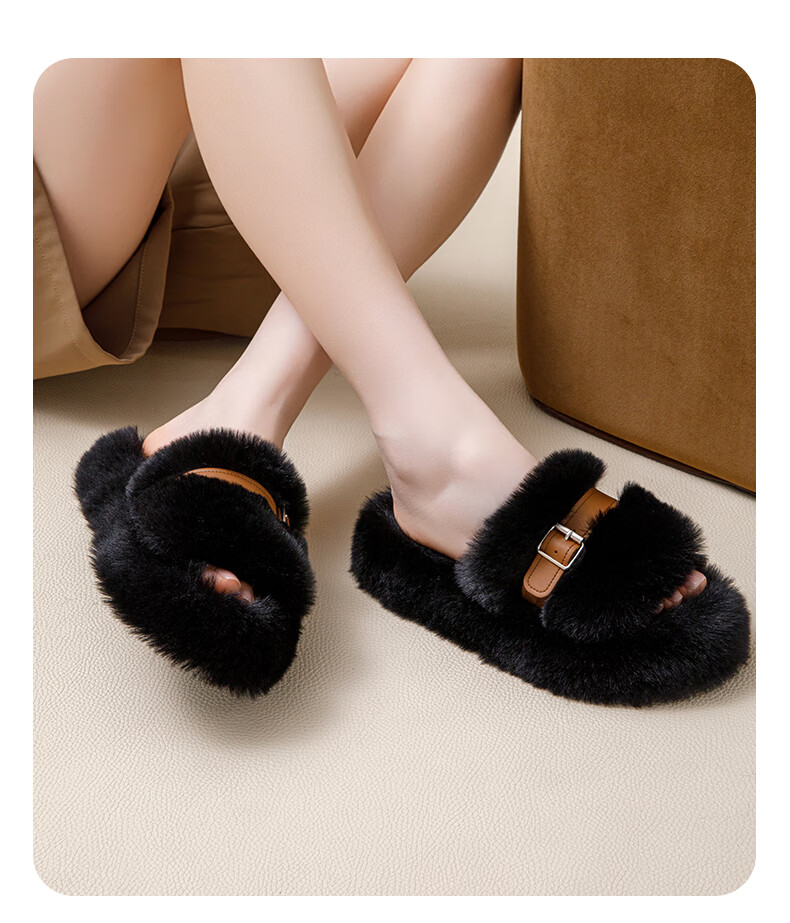 YUZHAOLIN Women's Furry Slippers Outdoor Autumn Winter Thick Sole Plush Home Cotton Slippers Men's Korean Style YO681 Khaki Size 39 2