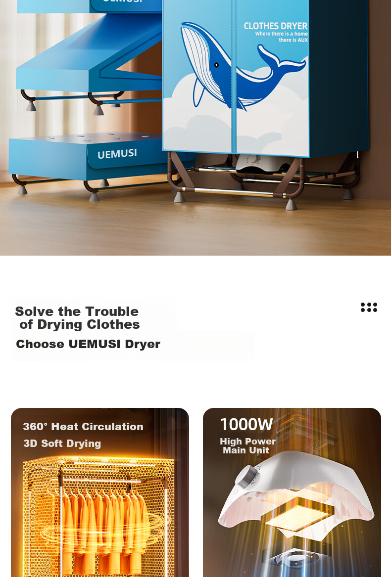 UEMUSI [No Installation Required] Clothes Dryer, Home Use, Easy to Install, Foldable, 650L Capacity, Clothes Drying Machine, Air Dryer, Large Wardrobe Dryer 1