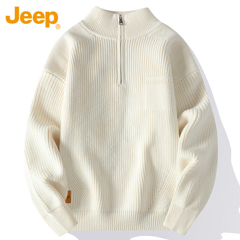JEEP Men's Winter Thickened Zipper Knit Sweater Loose Fit Base Layer Off-White XL