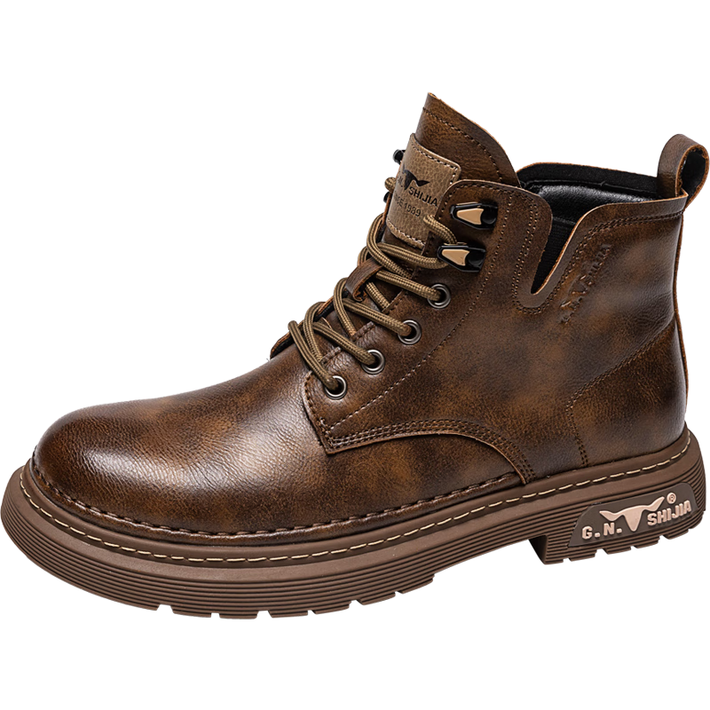 Bull Family Men's Autumn Winter New Retro British Martin Boots Fashion Versatile Work Boots Mid-High Lace-Up Leather Boots