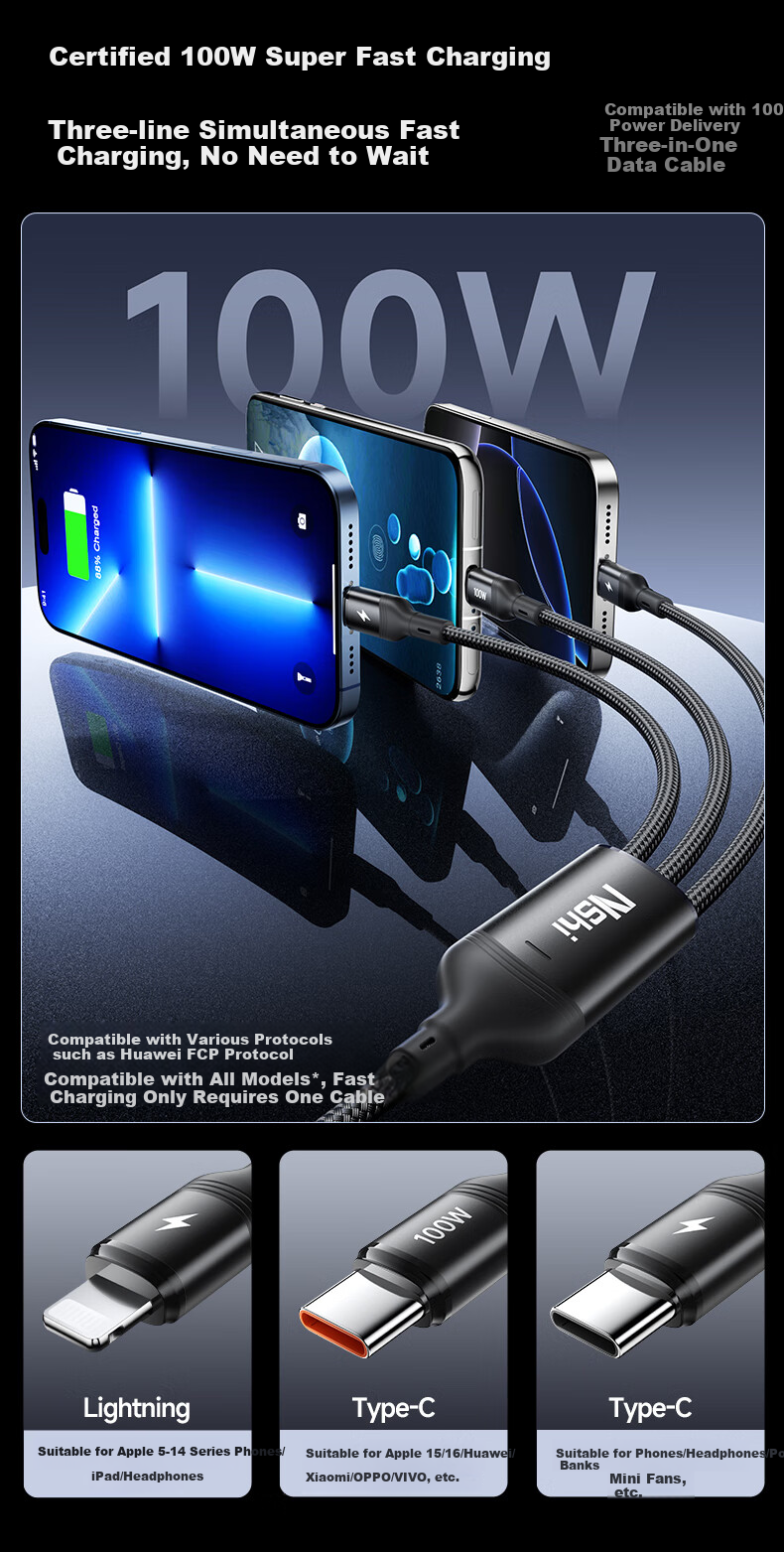 Nengshi Type-C Data Cable, Three-In Charging Cable, 100W Apple Fast Charge Compatible with IPhone17/16, Huawei Honor/Xiaomi, Car Charger C to 2C Three-In Cable, 1 Meter 3