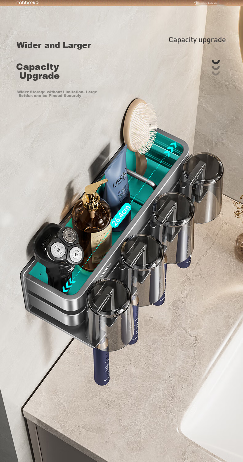 Cobbe Toothbrush Holder, No Drilling Required, Bathroom Mouthwash Cup And Brush Cup, Wall-Mounted, No Drilling Required, Couple Style with Cups, for Dormitory 6