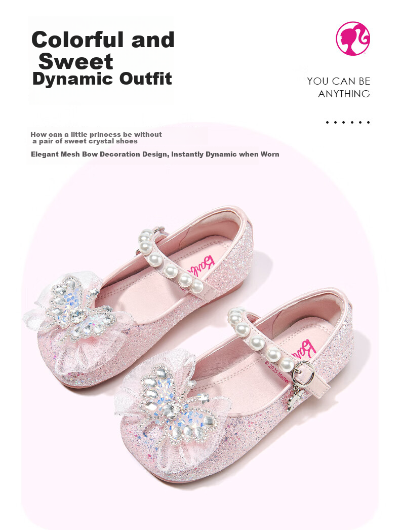 Barbie Girls' Spring And Autumn Princess Leather Shoes with Pearl Bow And Sequins DA6725 Silver 29 3