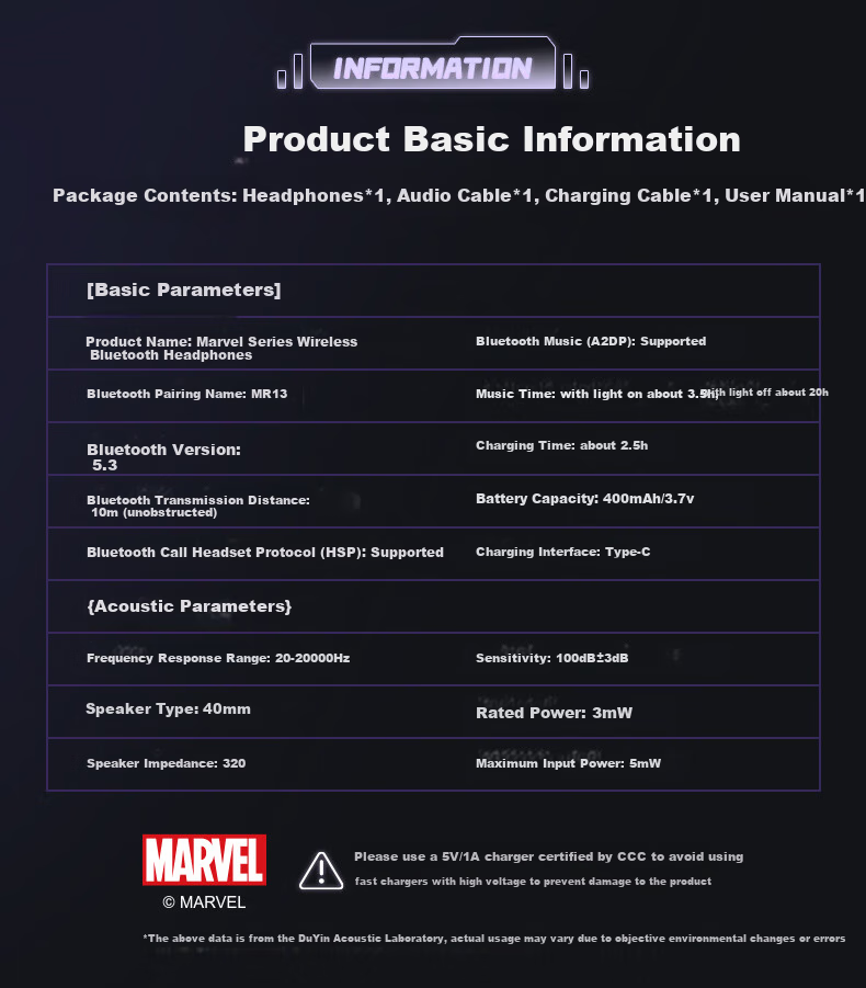 Disney Marvel Co-Branded Wireless Bluetooth Headphones, Over-Ear, Long Battery Life, for E-Sports Gaming, Sports, Music, Computer Headset, Couples Birthday Gift for Men, MR13 Black Panther 14