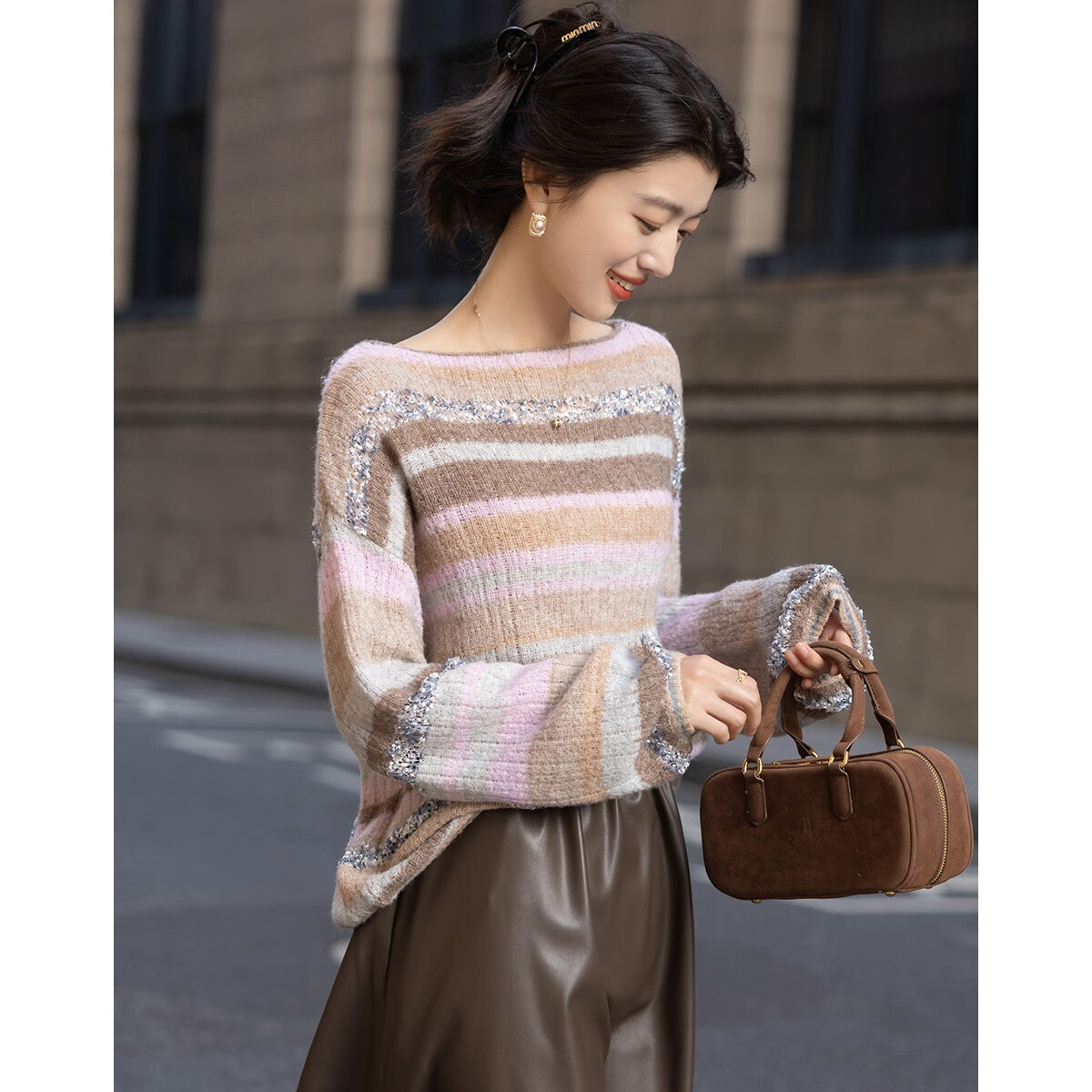 Demana Vintage Autumn Flavored Round Neck Striped Colorblock Loose Knit Sweater with Fluffy Wool for Women