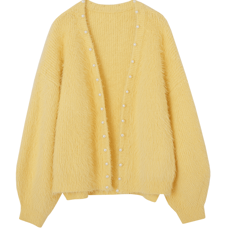 Demana Textured Faux Mink Velvet Autumn V-Neck Beaded Cardigan Loose Fit Knit Top for Petite Women