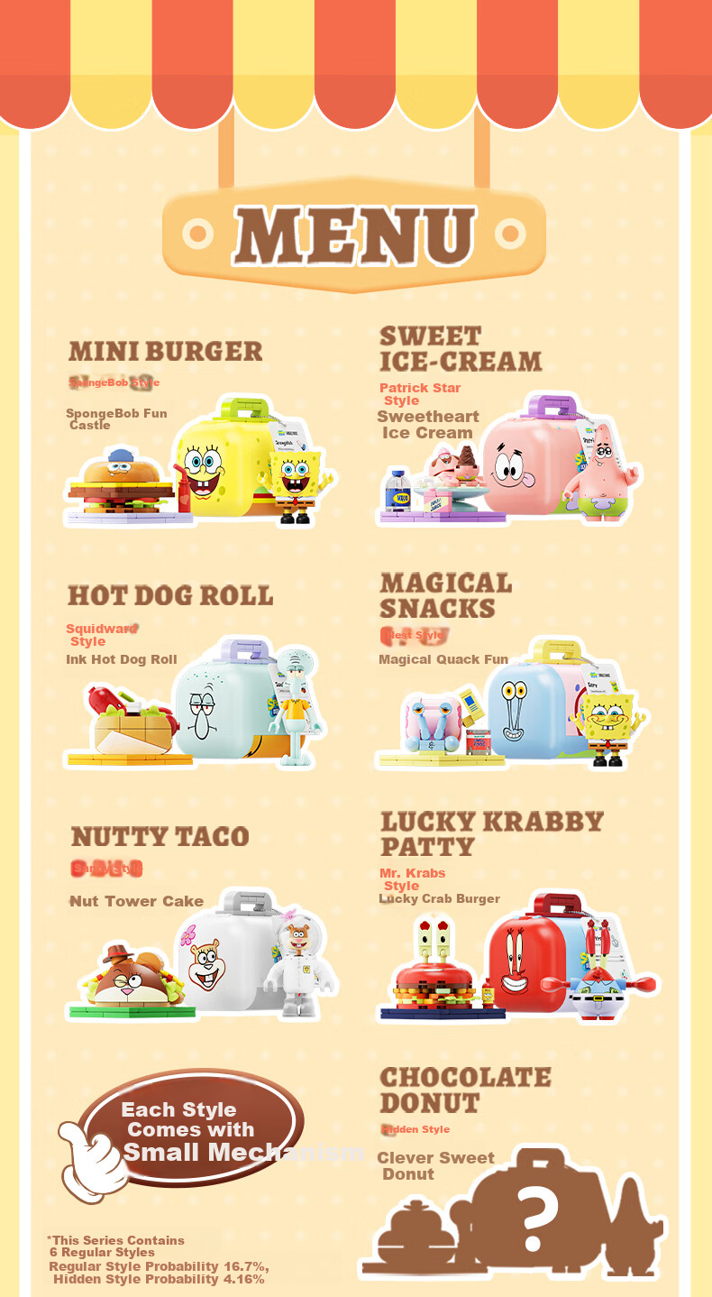 AREA-X SpongeBob Collaboration Blind Box Building Blocks Trendy Toy Assembly Birthday Gift, Bichi Bao Fast Food Delivery, 1 Box 15