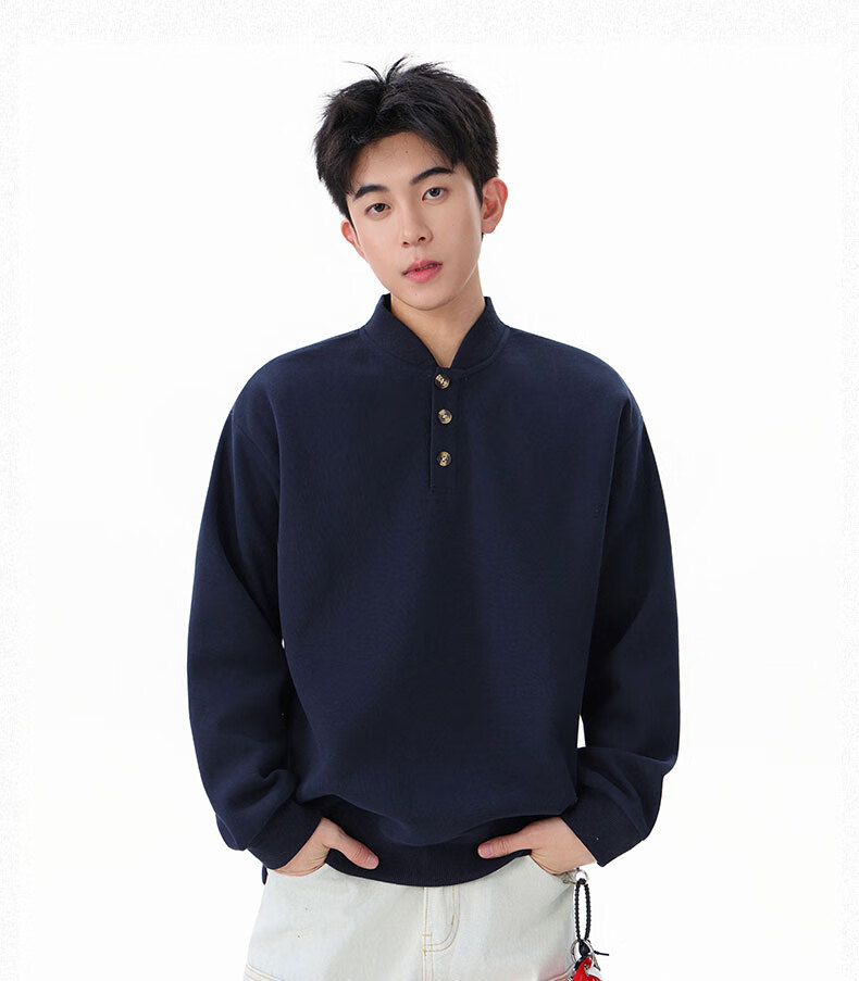 Homlean Heavyweight Henry Collar Solid Color Sweatshirt Men Autumn Fashion Casual Loose Base Shirt HQ00 Black 4XL 8