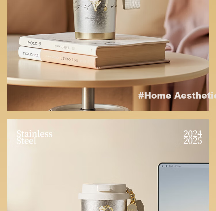 Germ Pure Titanium Insulated Mug, Van Gogh Co-Branded Dual Drinking Straw Coffee Water Cup, Goddess Gift Titanium Cup 500ML Lily of The Valley 22