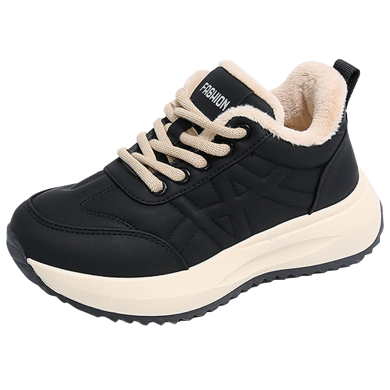 CARTELO Women's Winter Fleece-Lined Dad Sneakers Warm Boots Casual Sports Cotton Shoes 1660 Black Size 37