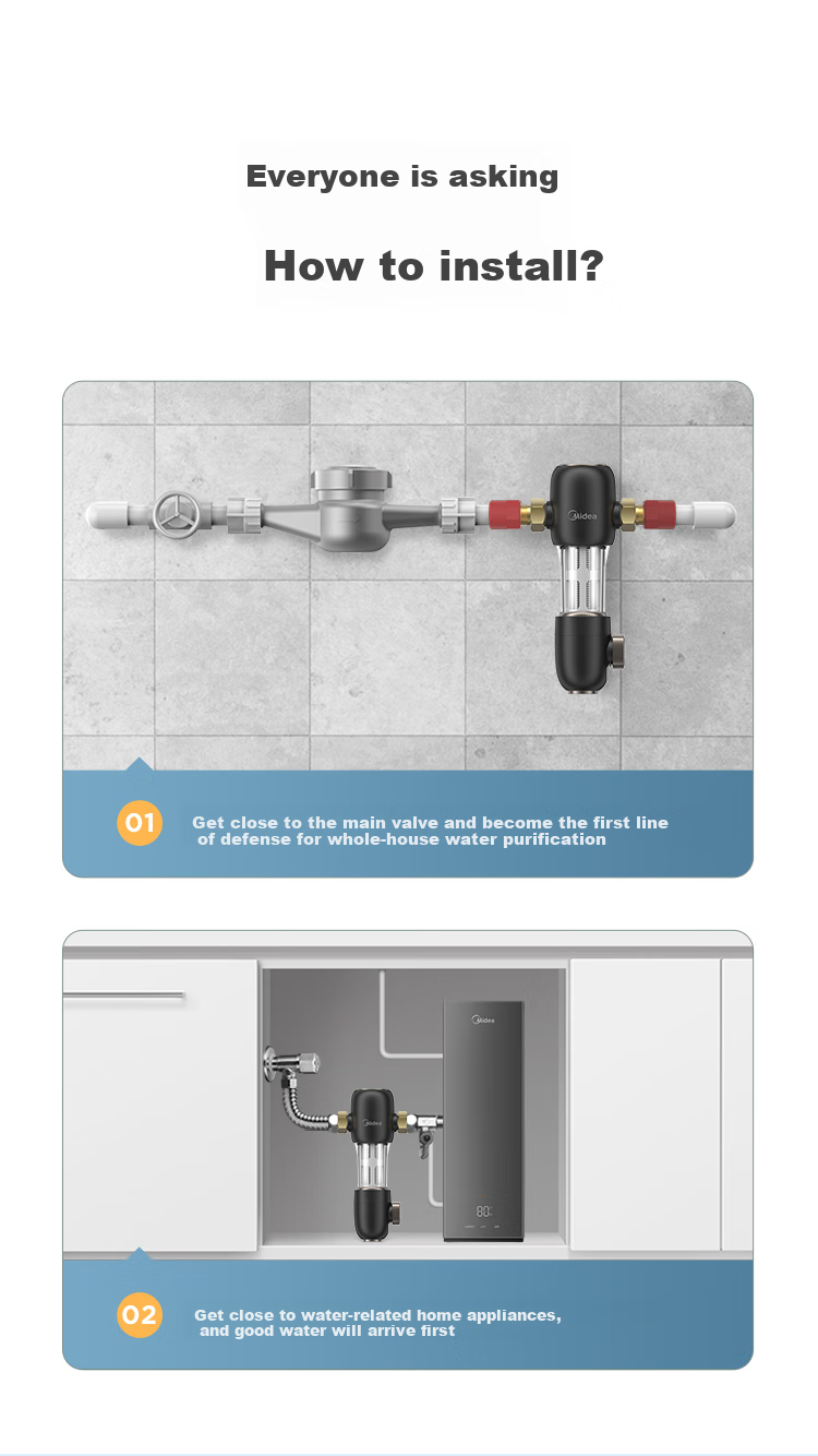 Midea Pre-Filter, Ultra 15T/h High Water Flow, Premium Home Model, Dual Turbine Semi-Automatic Backwash, All-Copper Explosion-Proof, No Replacement Core Required, Whole House Water Purifier QZBW20S-24Pro 13