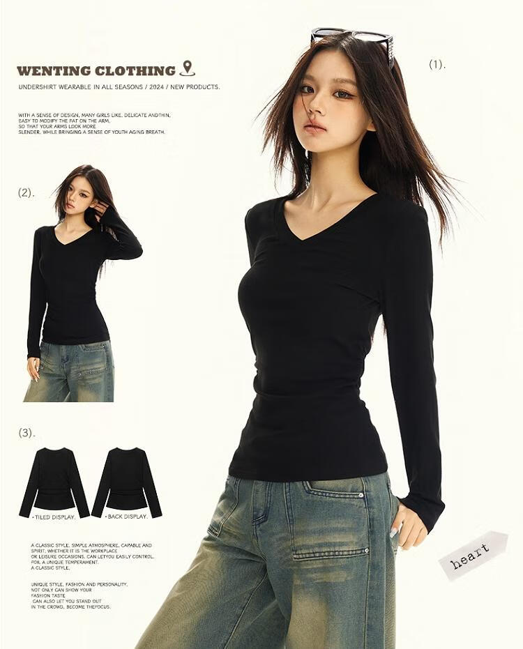 La Chapelle Black V-Neck Long Sleeve Slim Fit T-Shirt for Women 2025 Autumn Winter New Black XL 1