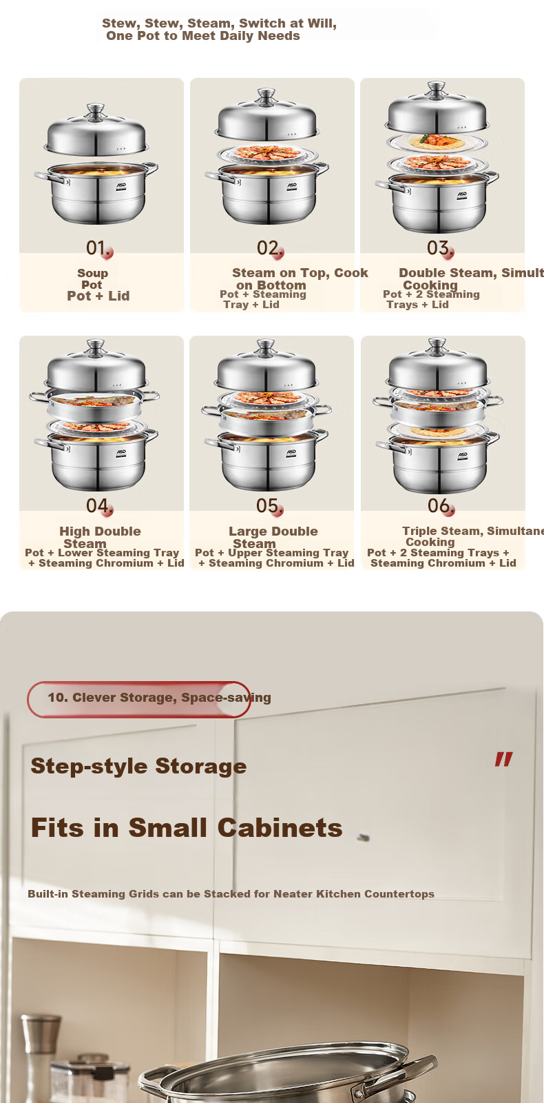 ASD Steamer Pot, 304 Stainless Steel, Three-Layer, for Home Use, Steaming And Cooking Soup Pot, Large Capacity 30CM Double-Layer Steamer, Compatible with Gas Stoves, G3 Model 15